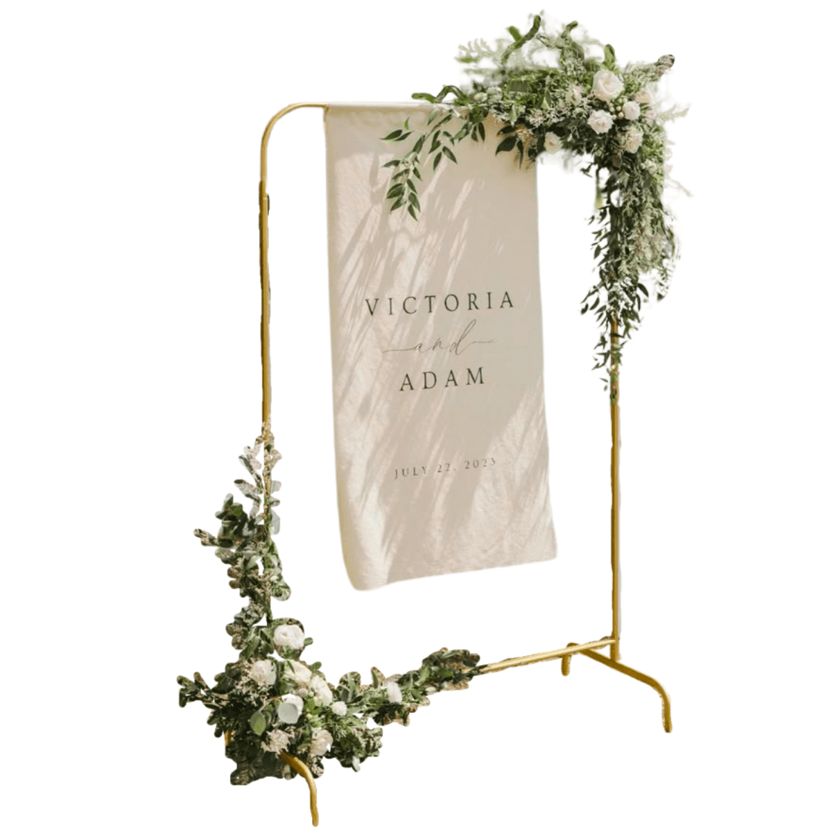 Ceremony signage banner with greenery and white florals
