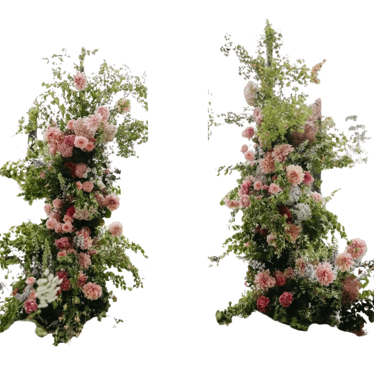 Tall pink and green floral pillar arrangements