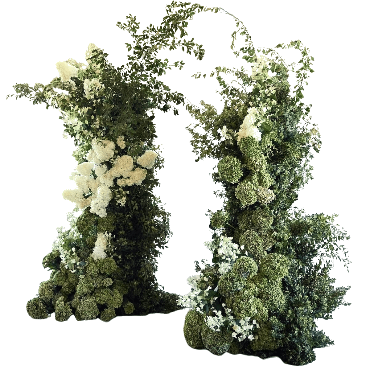 Green and white asymmetric floral pedestal arrangement