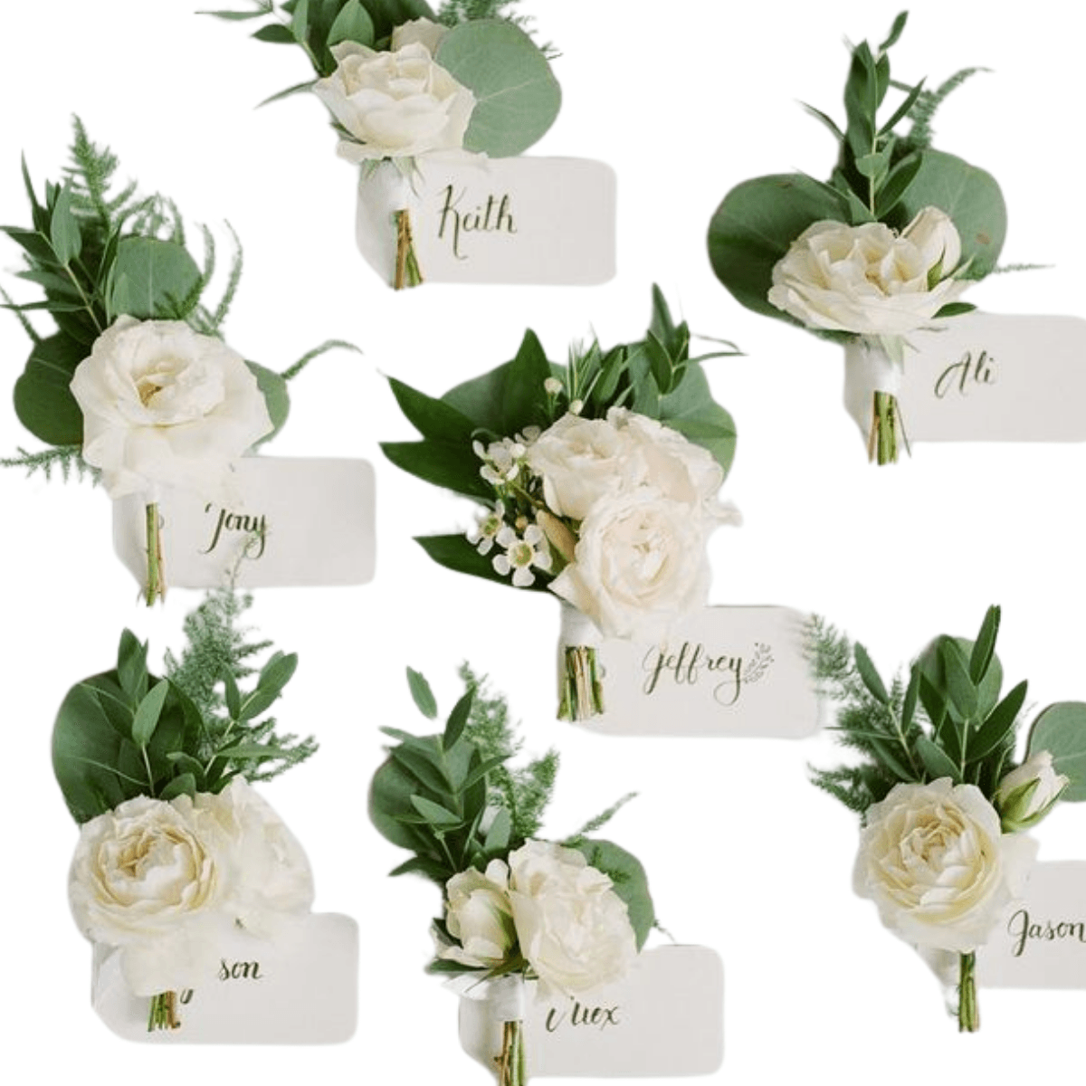 Classic white and green boutonnieres with name tags