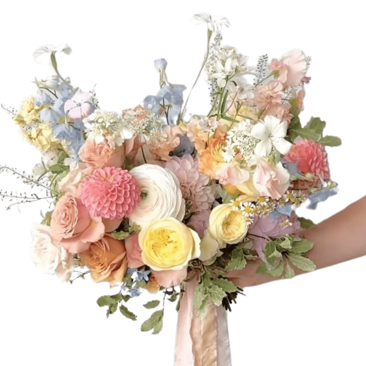 Vibrant multi-color bridal bouquet with dahlia, roses, and ranunculus