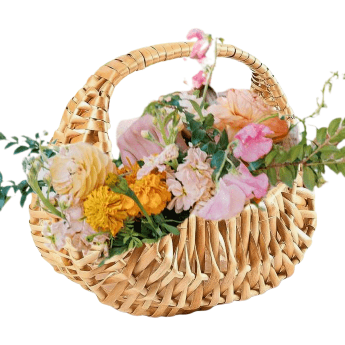 Colorful flower girl basket with elaborate floral arrangement